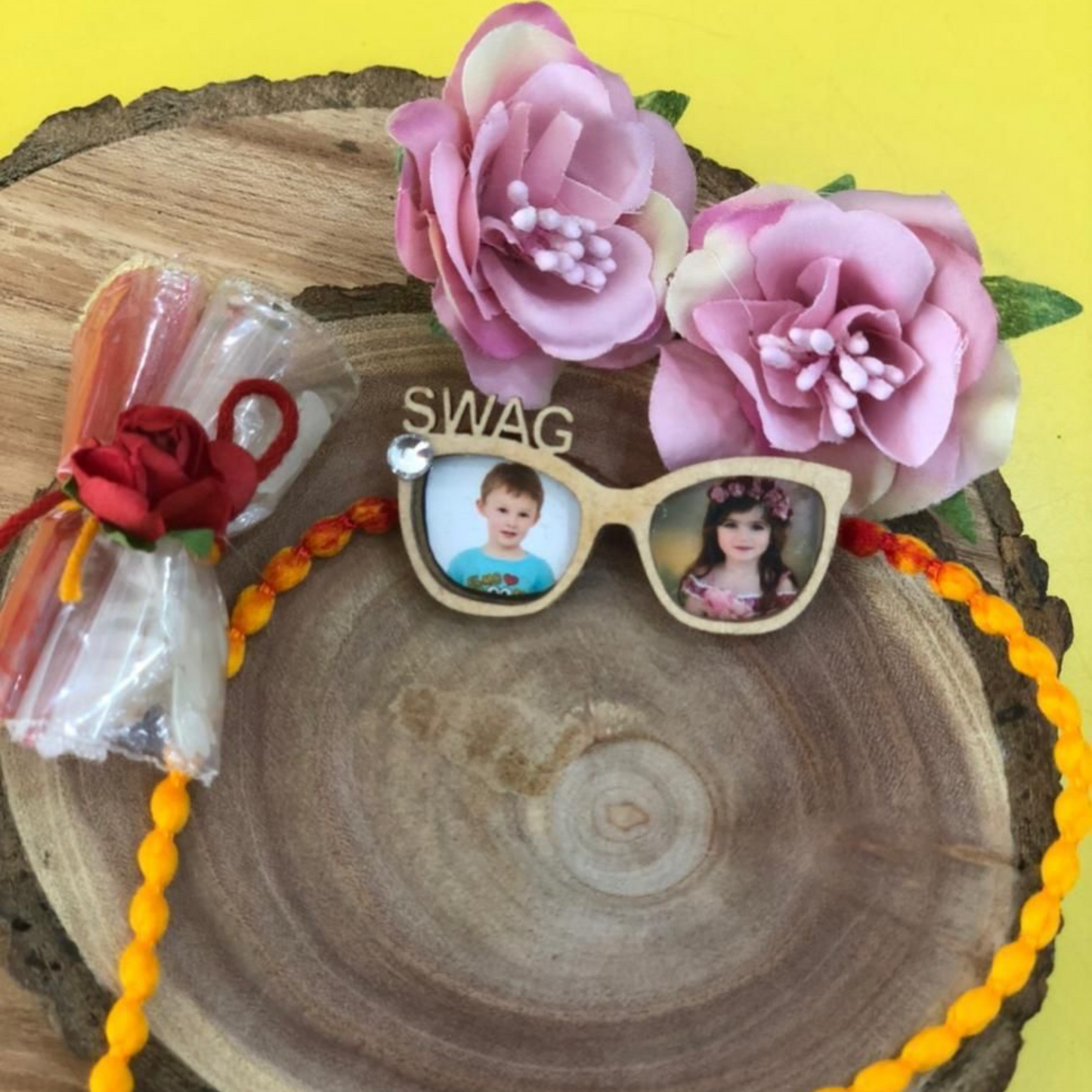 Beautiful Personalized Magnetic Wooden Rakhi with White Stones