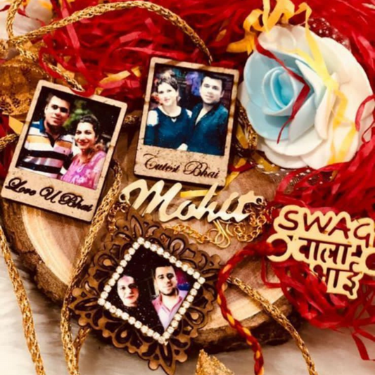 Beautiful Personalized Magnetic Wooden Rakhi with White Stones